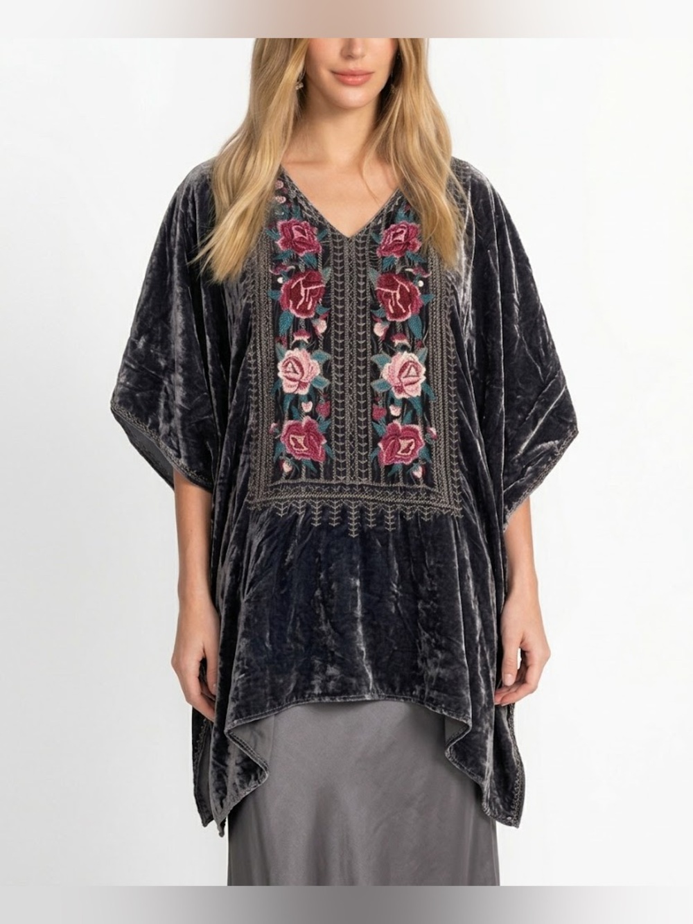 JOHNNY WAS || JWLA Tilda Velvet Silk Embroidered Poncho Tunic in Gunsmoke - SZ S